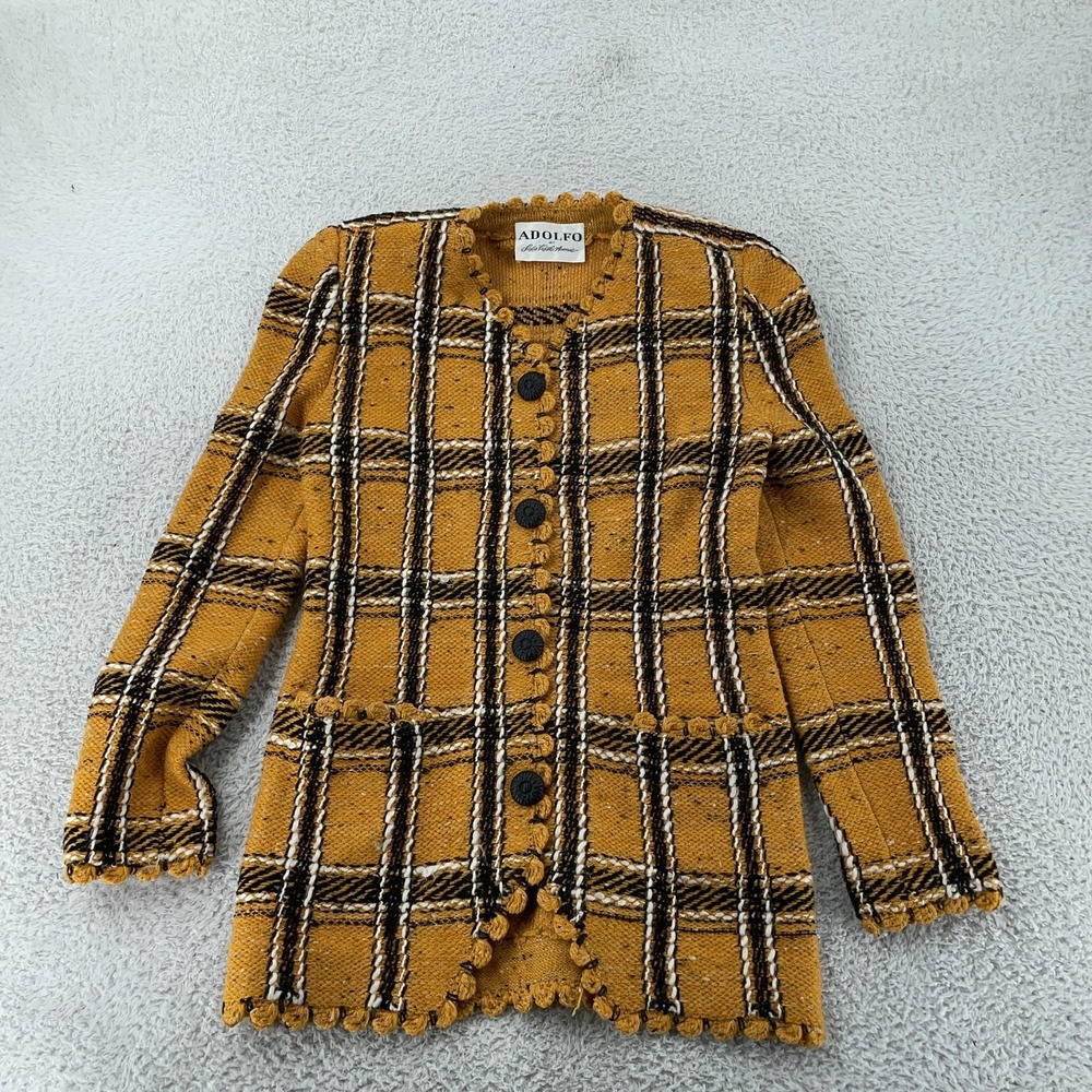 Vintage Adolfo Saks Fifth Avenue Sweater Jacket Women's Small Yellow Plaid‎ 80s